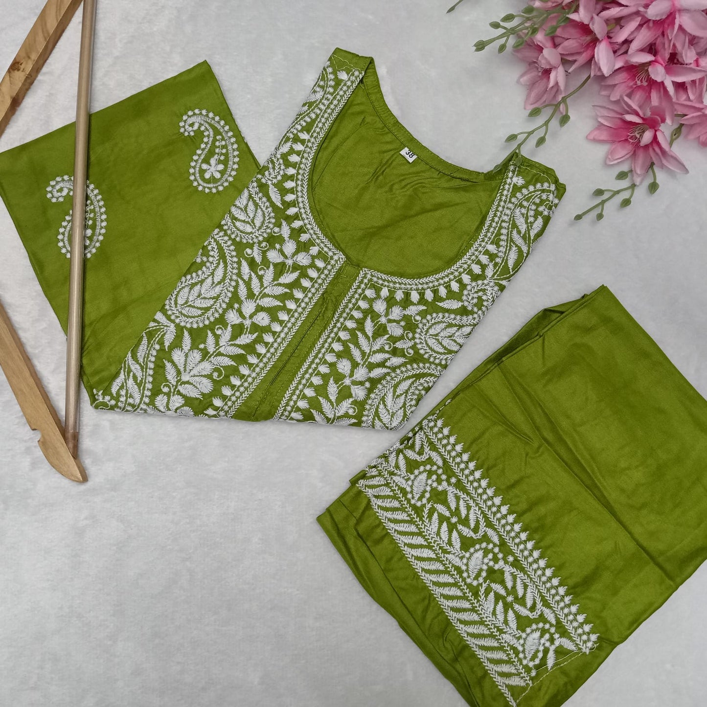 Rayon Chikankari Machine Work Kurti Plazo Set- Parrot Green Colour - Chikankaar