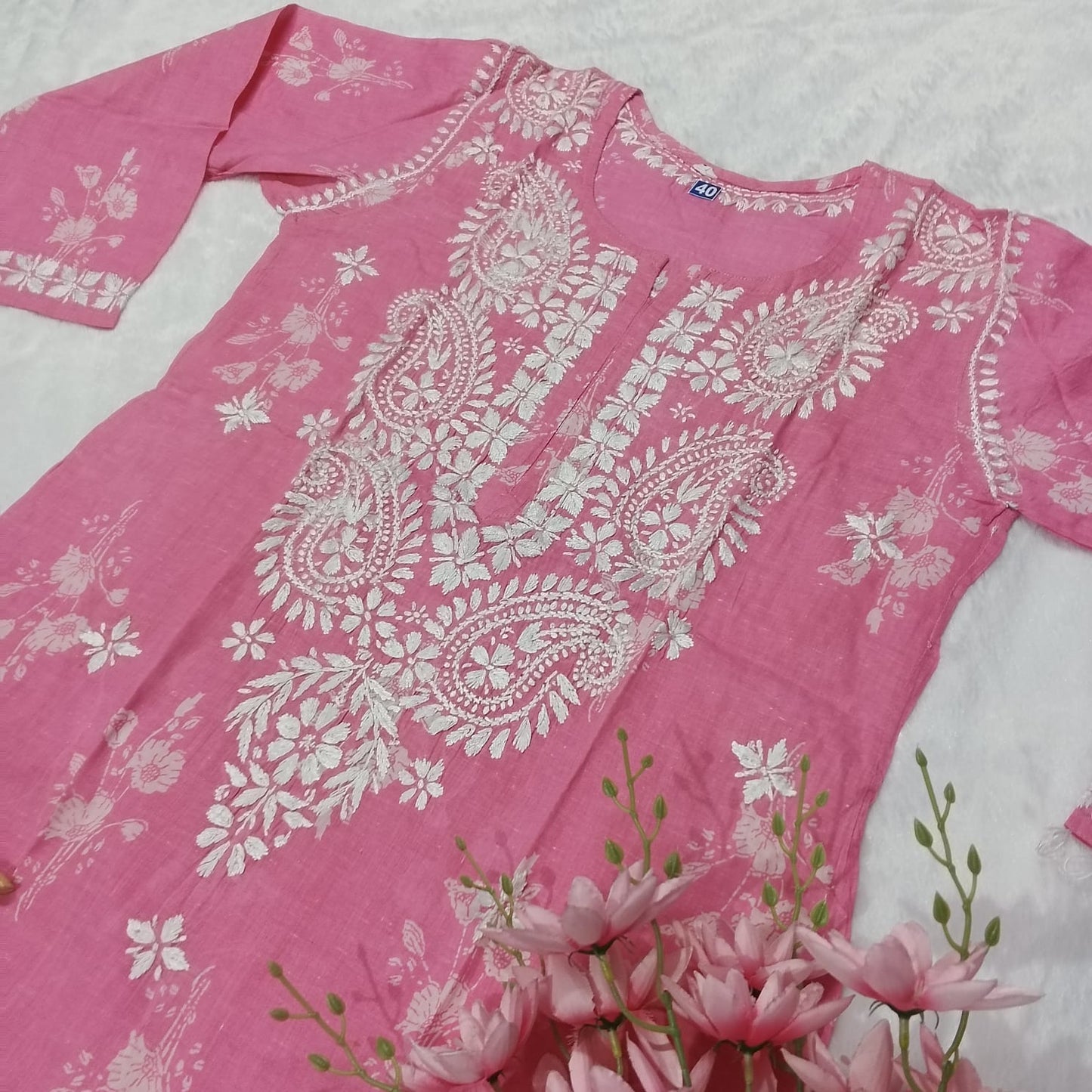 Pure Mulmul Printed Chikankari Kurti -Baby Pink - Chikankaar