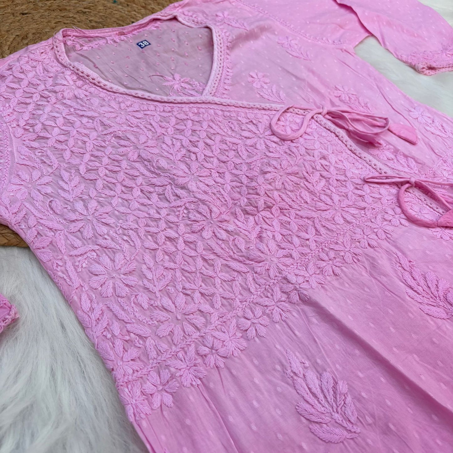 Shazia Ombre Shaded Dobby Cotton Chikankari Angarakha - Baby Pink Colour