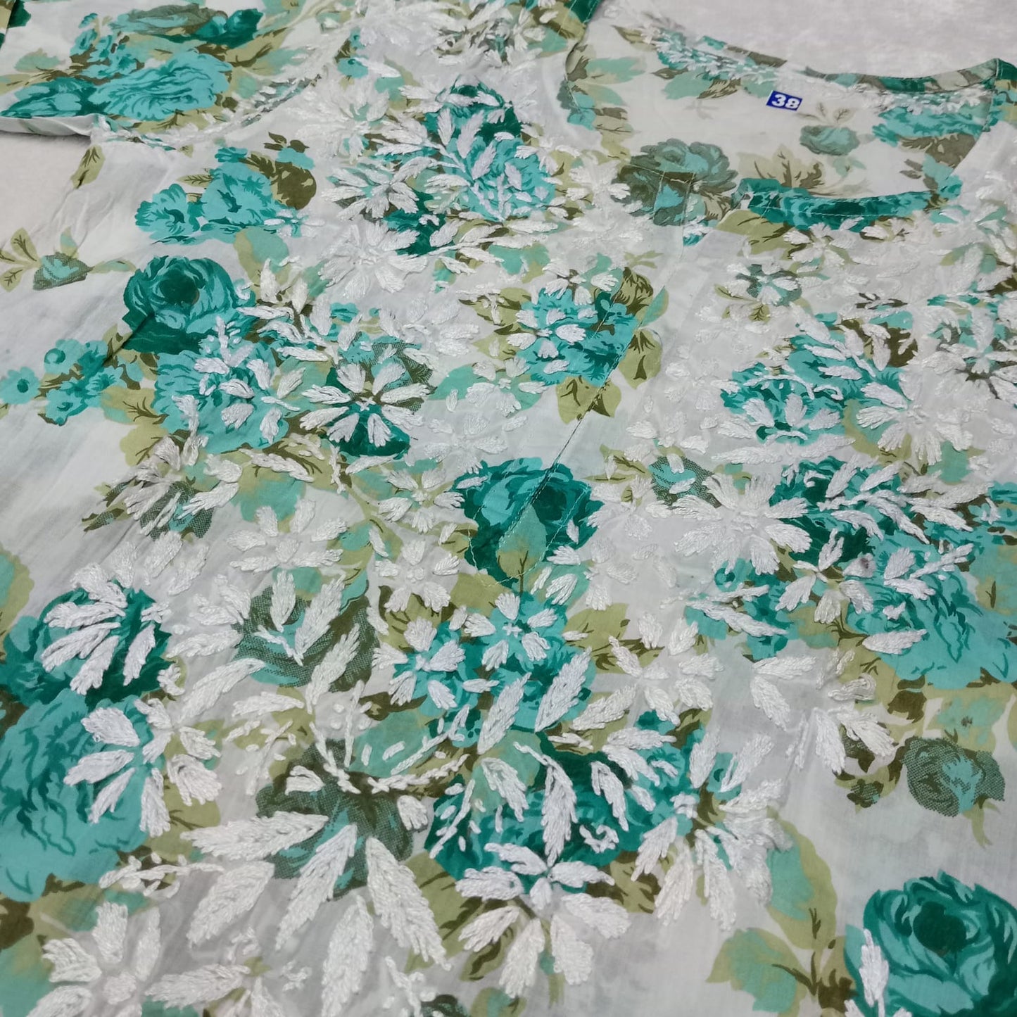Aisha Mulmul Floral Printed Chikankari Handwork Kurti- Sea Green Colour - Chikankaar