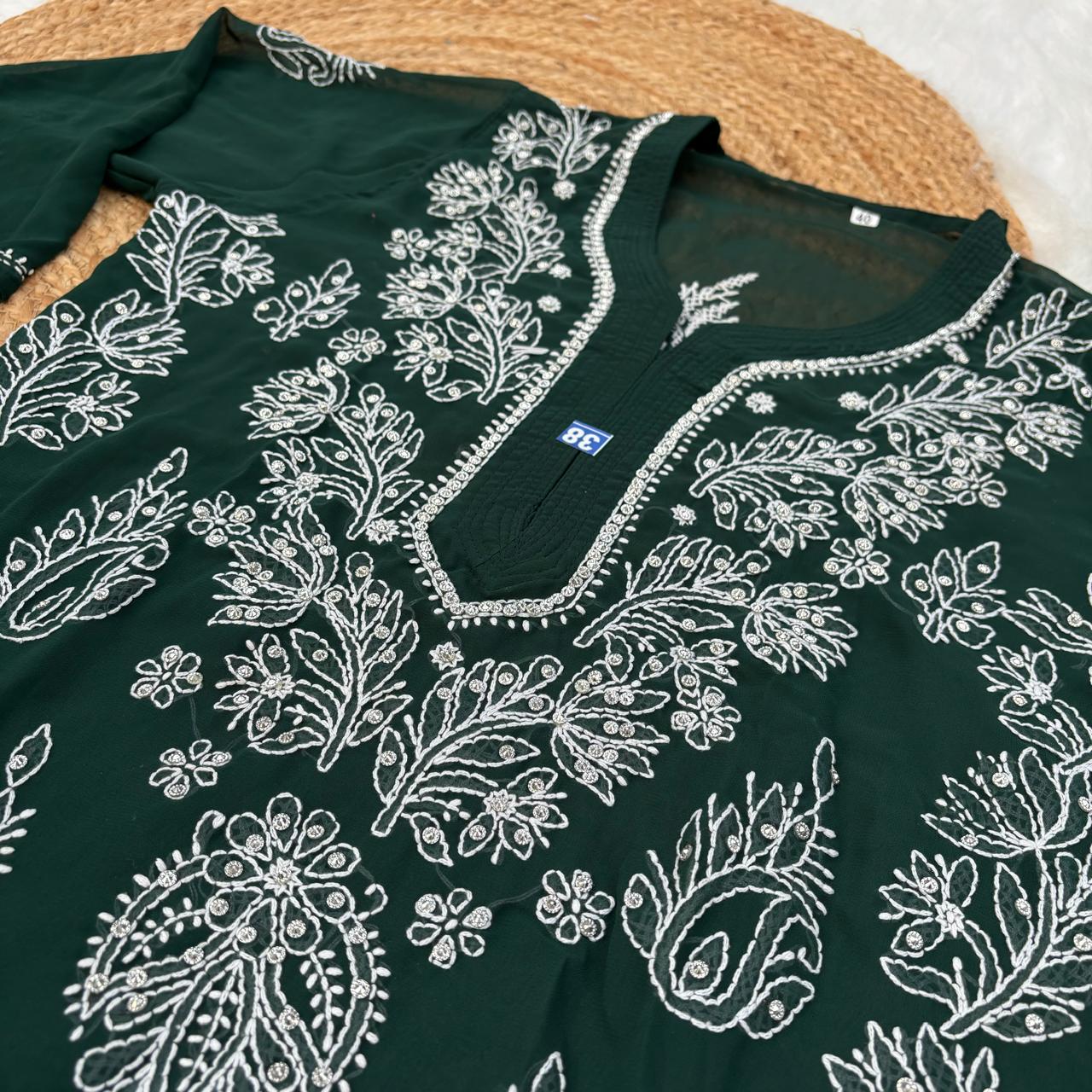Stone Work Georgette Chikankari Kurti -Dark Green Colour - Chikankaar