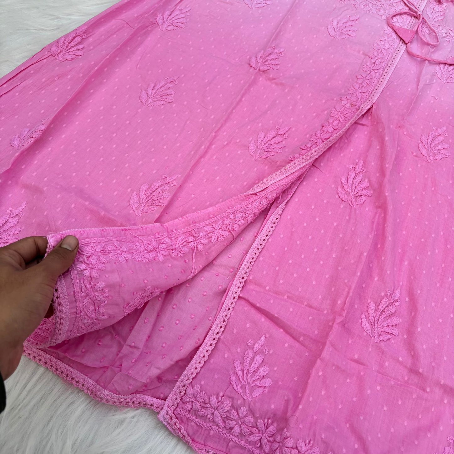 Shazia Ombre Shaded Dobby Cotton Chikankari Angarakha - Baby Pink Colour