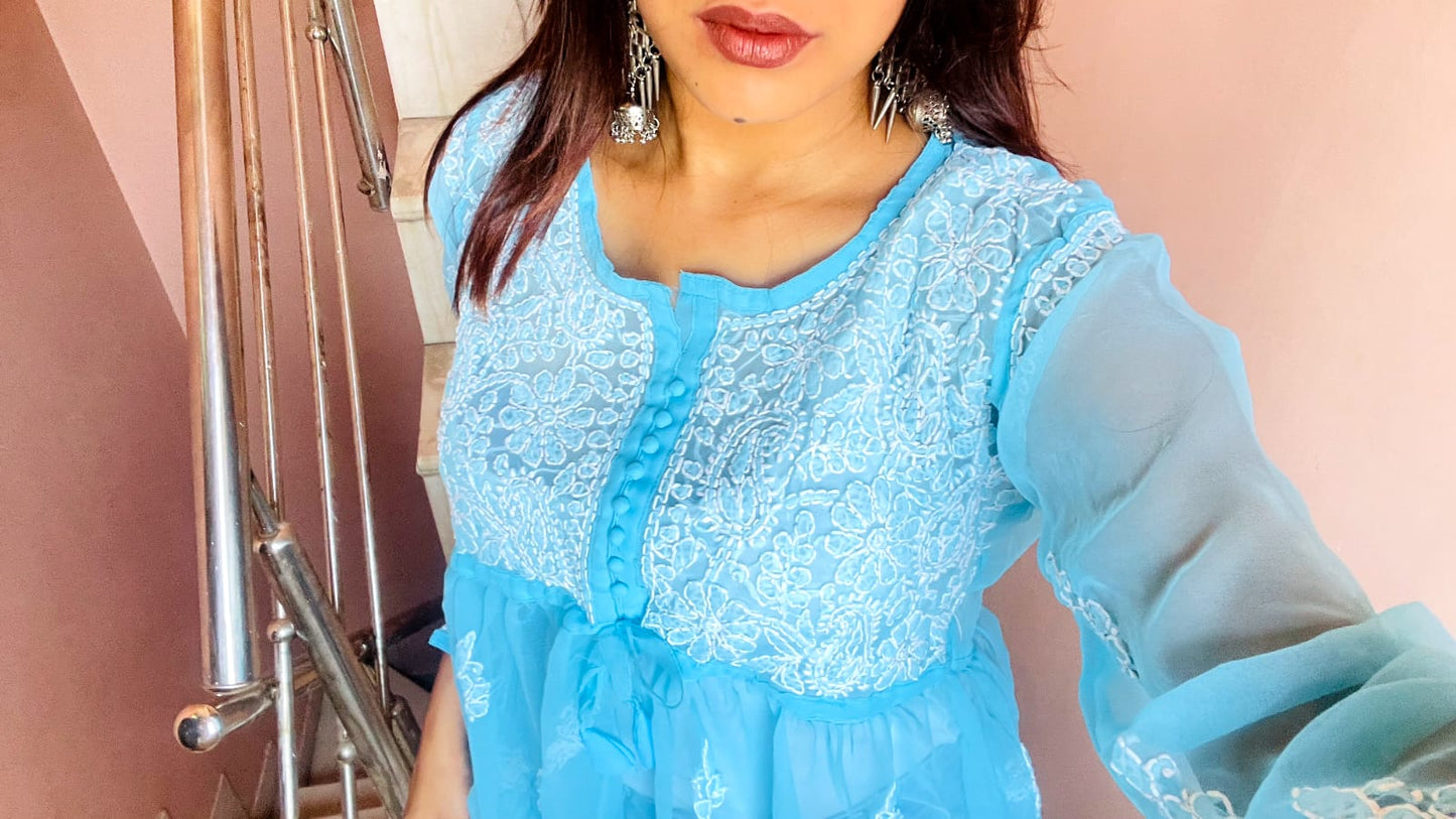 Chikankari Georgette Short Gown With Dori - Blue Color - Chikankaar