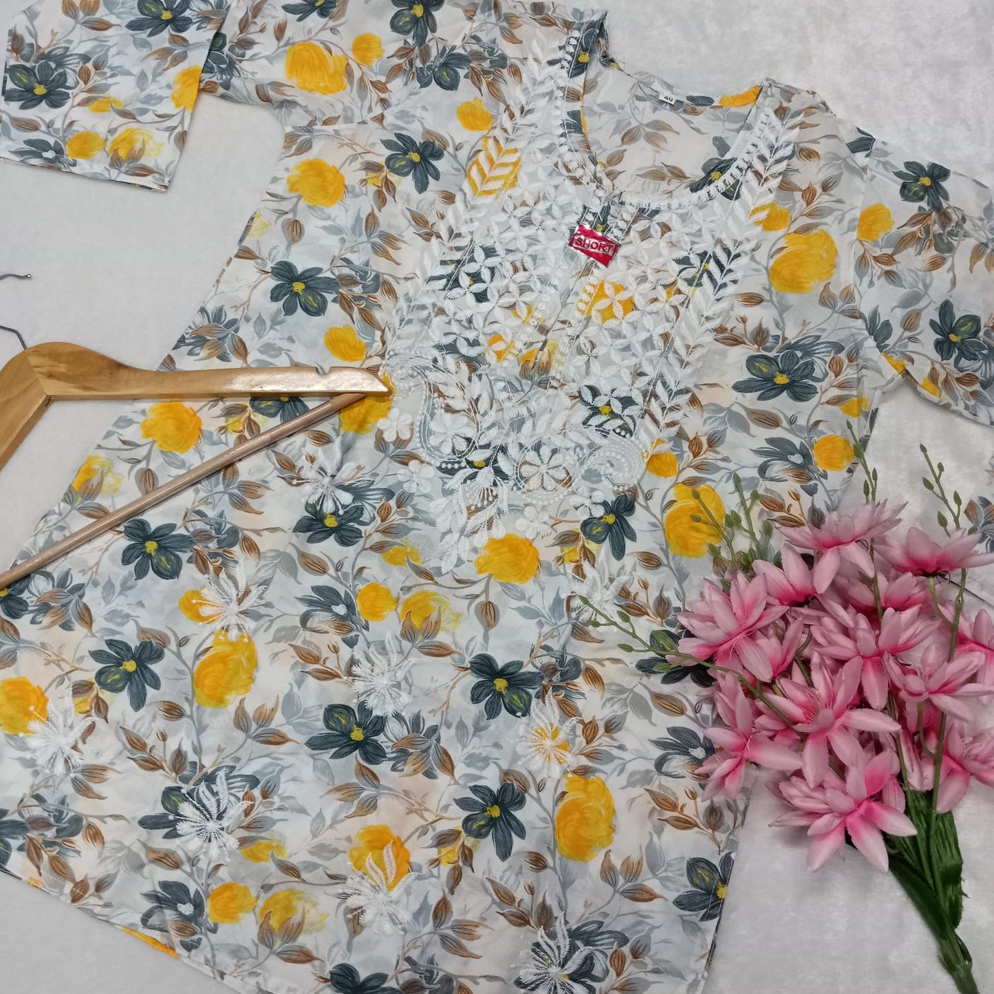 Mulmul Cotton Chikankari Short Kurti - Grey Colour - Chikankaar