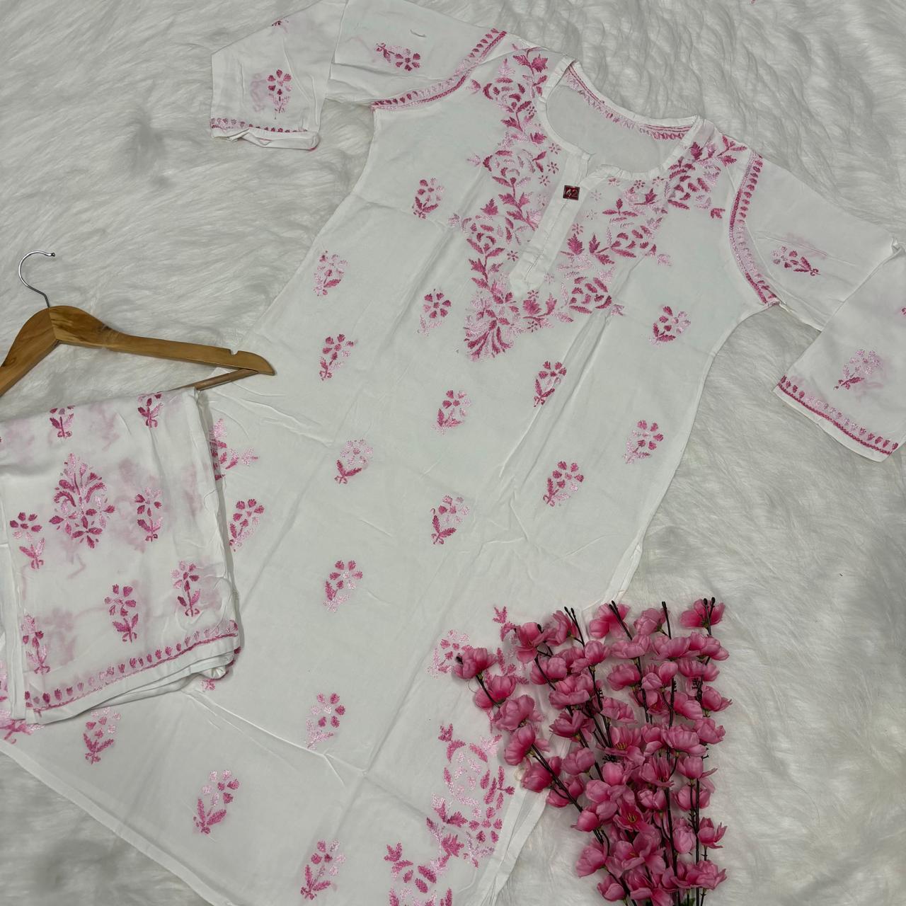 Aleena Rayon Chikankari Kurti Plazo Set - White Pink color - Chikankaar