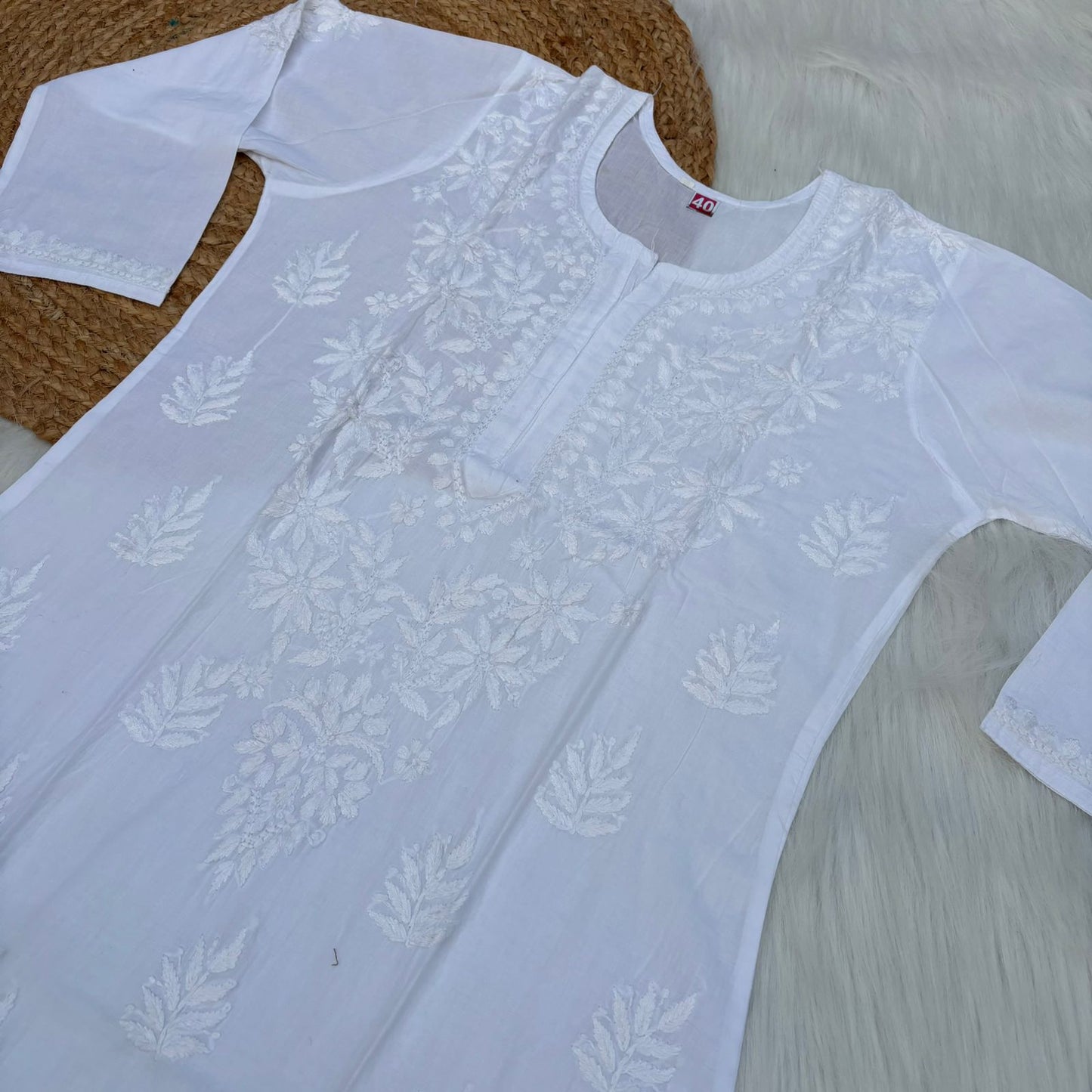 Arfa Pure Cotton Chikankari Kurti - White Color - Chikankaar