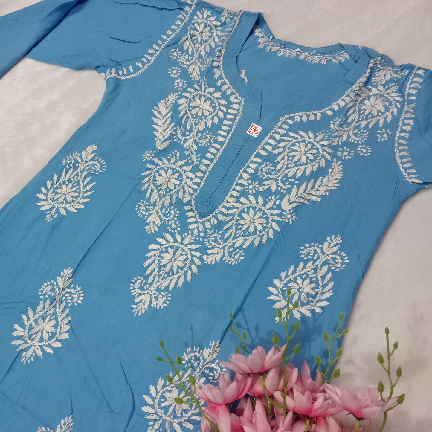 Pure Rayon Chikankari Kurti - Sky Blue Color - Chikankaar