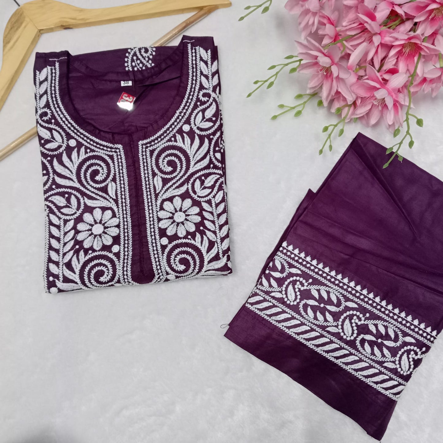 Rayon Chikankari Machine Work Kurti Plazo Set- Wine Colour - Chikankaar