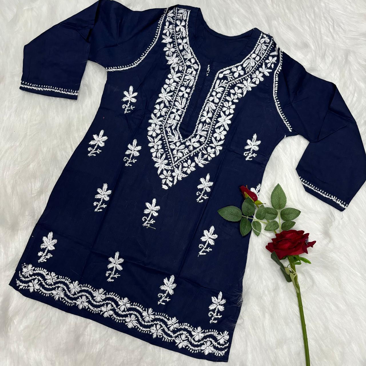 Ziya Pure Cotton Chikankari Short Top- Navy Blue Colour - Chikankaar