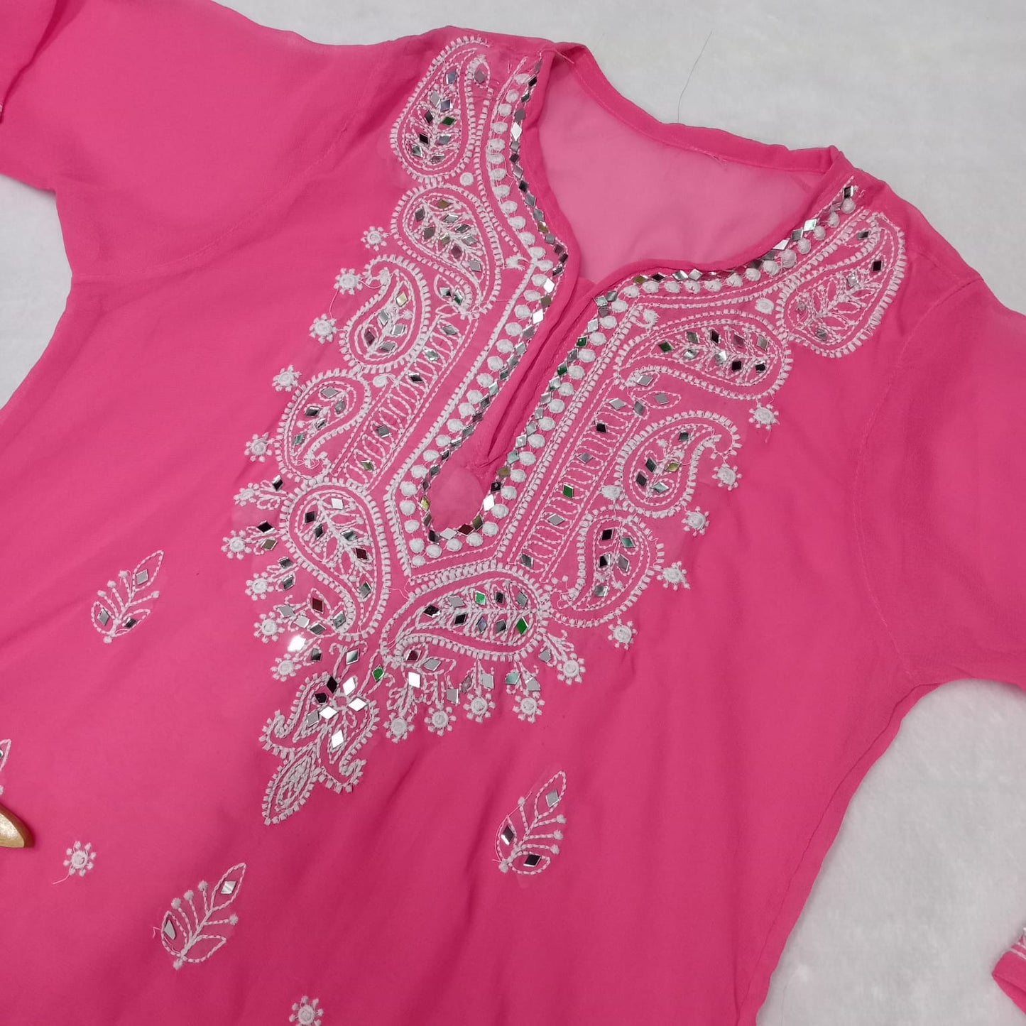 Georgette Mirror Work Chikankari Machine Work Kurti With Inner -Rani Colour - Chikankaar