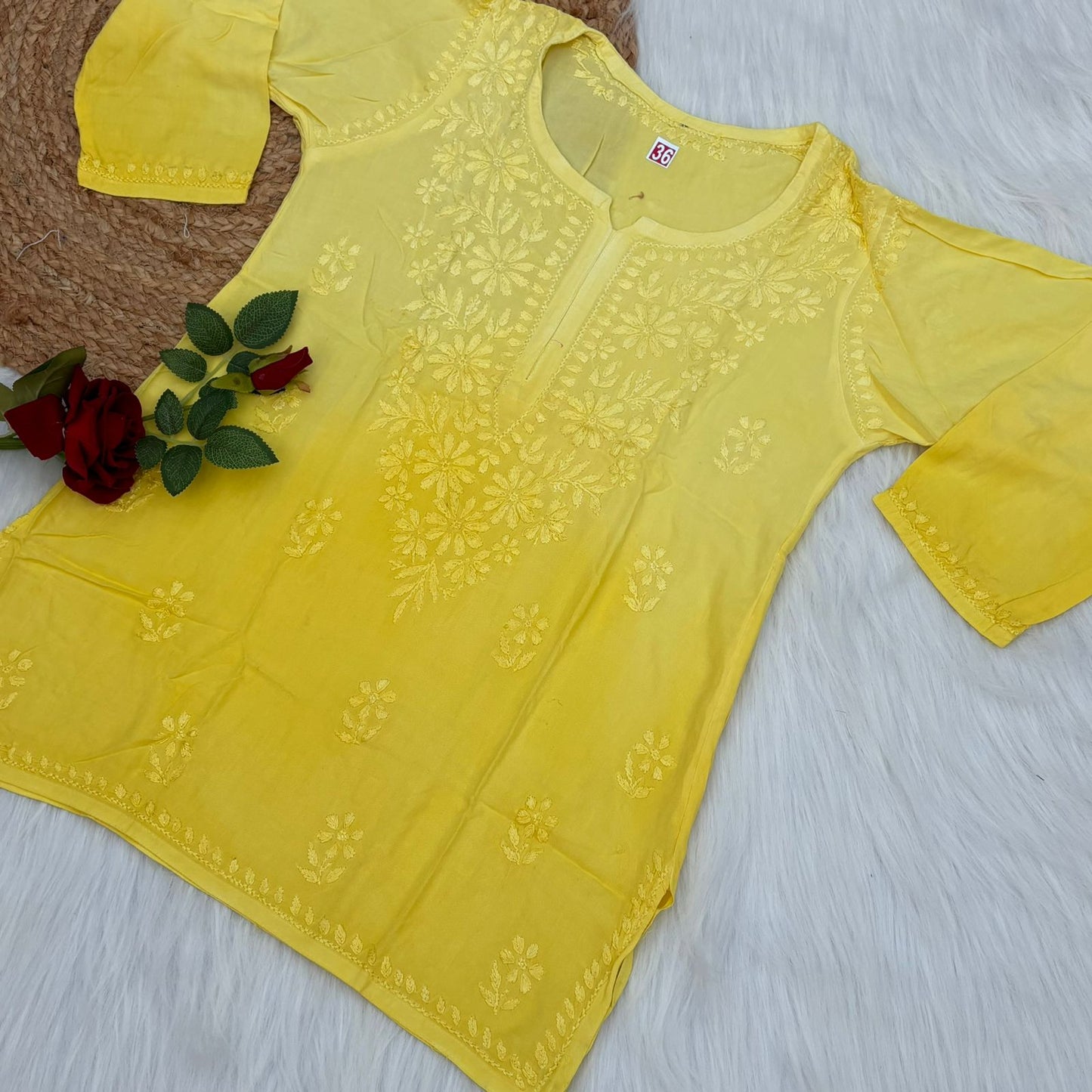 Sofia Ombre Shaded Soft Rayon Chikankari Short Kurti - Yellow Colour - Chikankaar