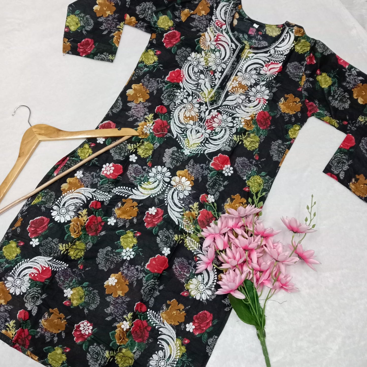MULMUL COTTON FLORAL PRINT CHIKANKARI MACHINE WORK KURTI -BLACK COLOUR - Chikankaar