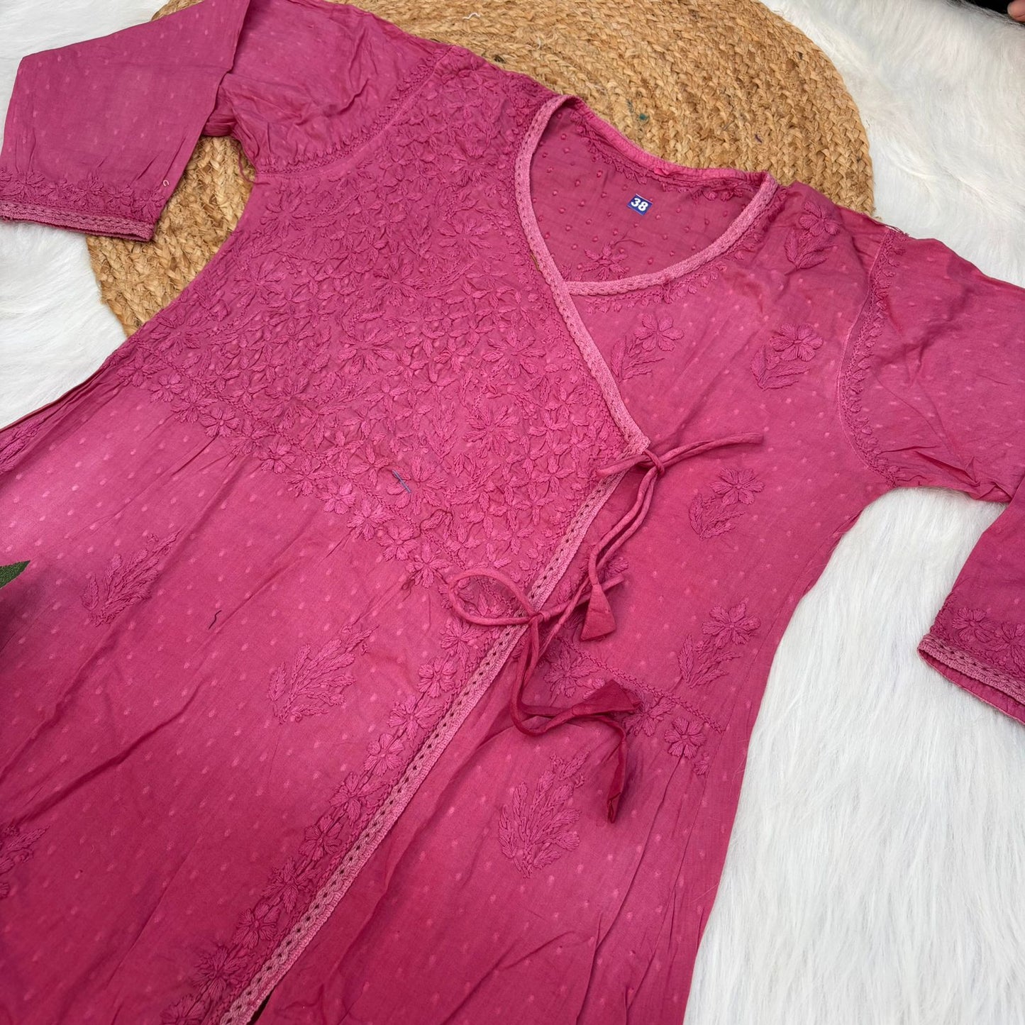 Shazia Ombre Shaded Dobby Cotton Chikankari Angarakha - Magenta Colour