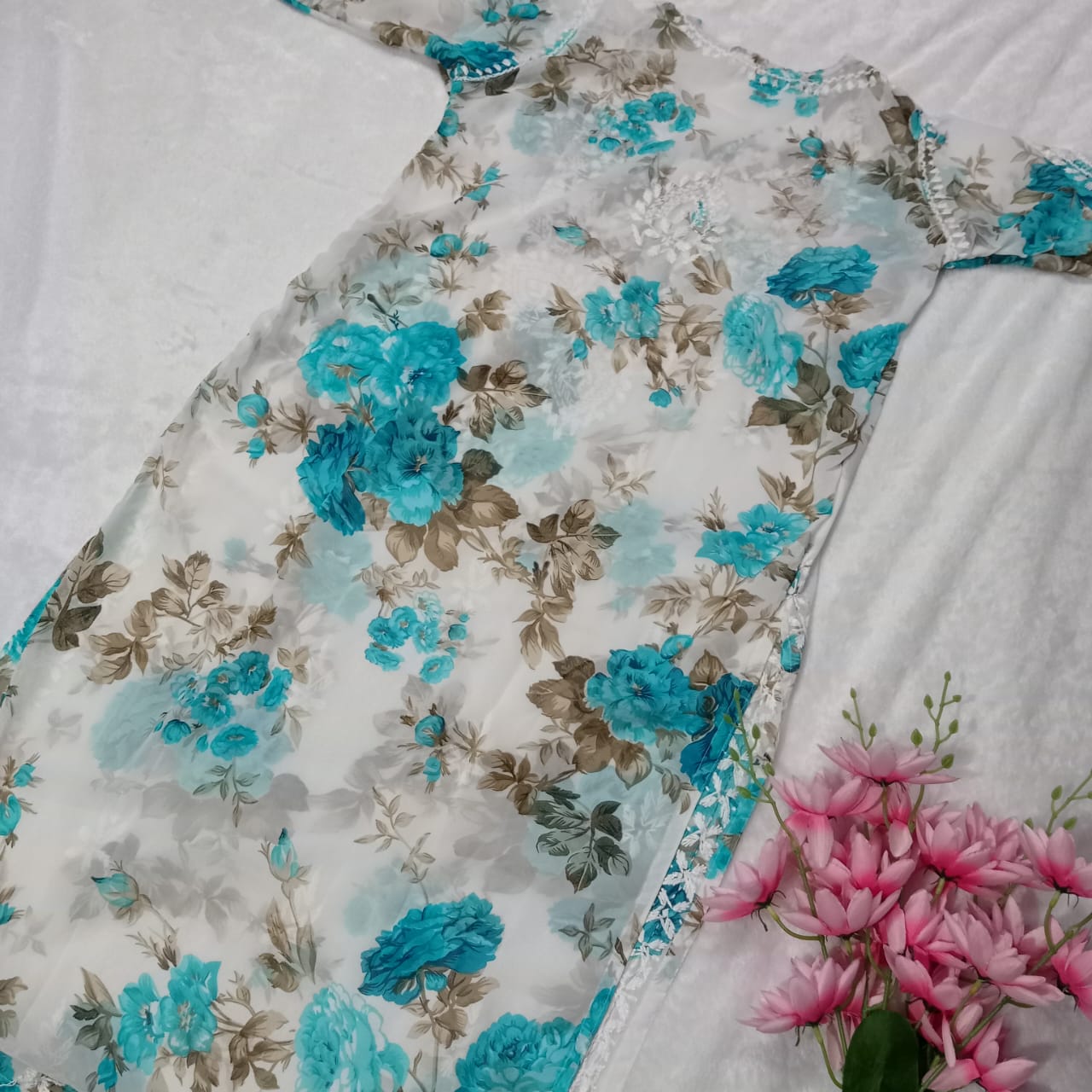 Chikankari Georgette Floral Printed Kurti - Sea Green Blue - Chikankaar