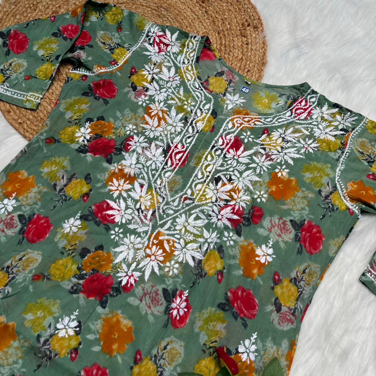 Plus size special-Dhanashree Inspired Mulmul Floral Printed Chikankari Handwork Kurti- Dark Green Colour - Chikankaar