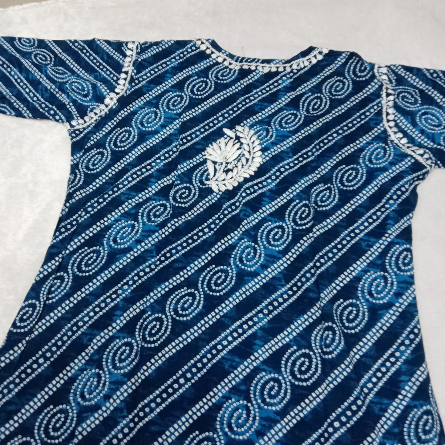 Falak Bandhani Print Rayon Chikankari Kurti Blue Colour - Chikankaar