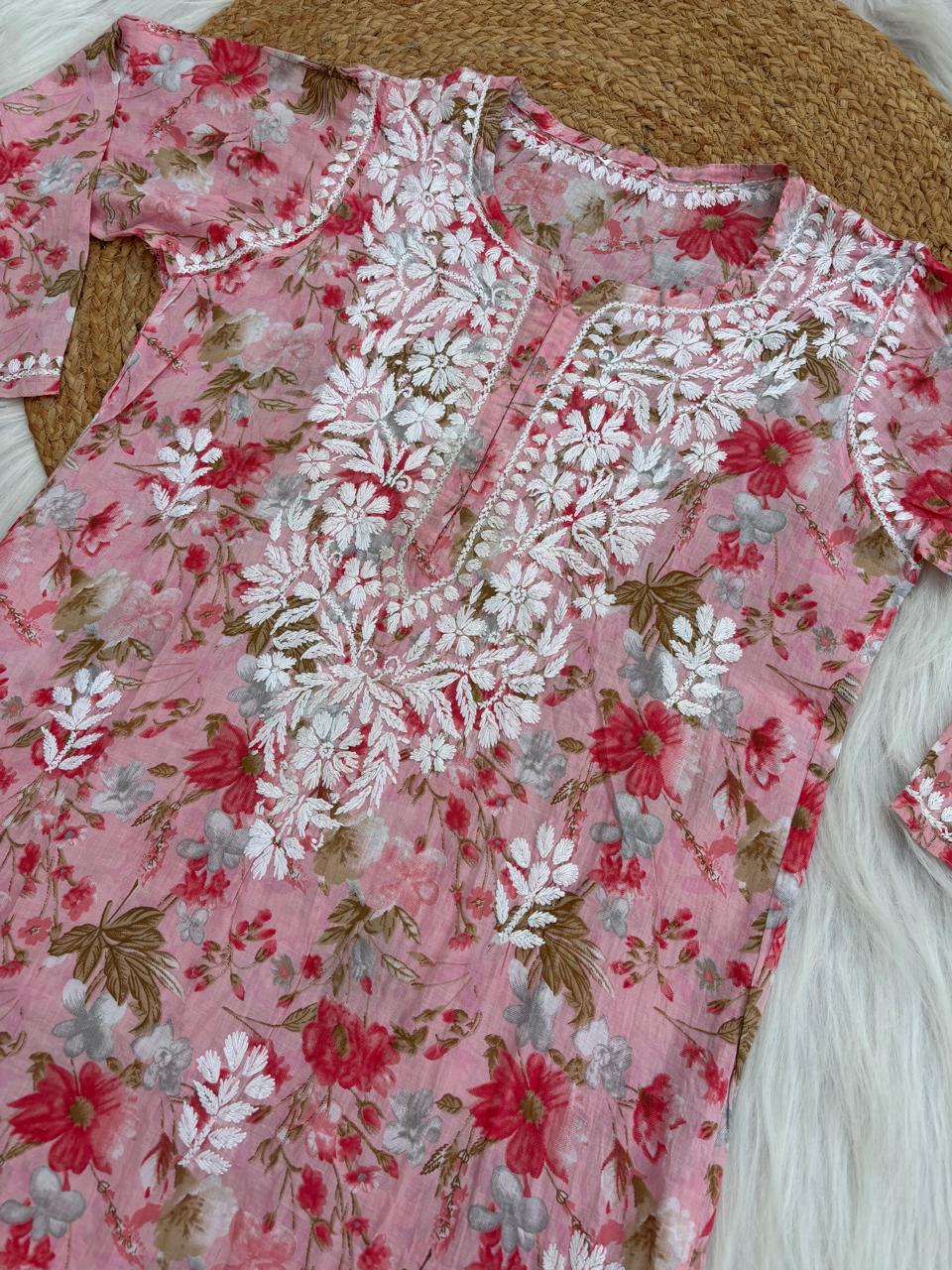 Alina Pure Mulmul Chikankari Handwork Kurti - Pink Colour