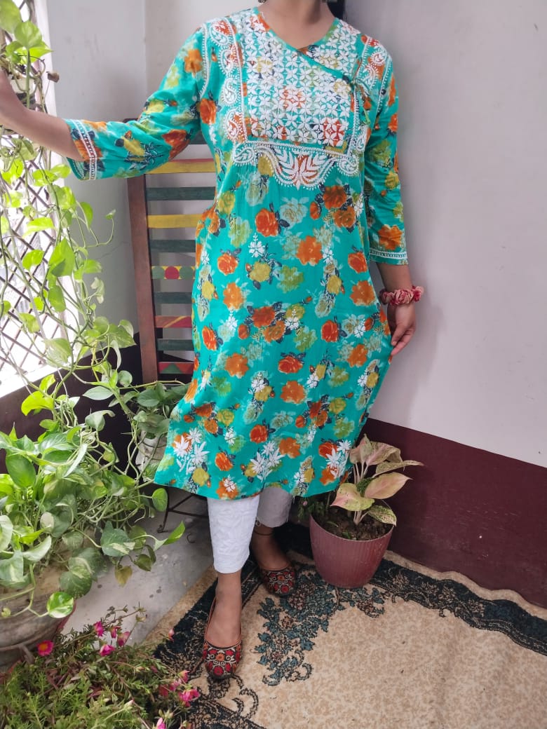 Masooma Mulmul Floral Printed Chikankari Handwork Kurti - Sea Green Colour - Chikankaar