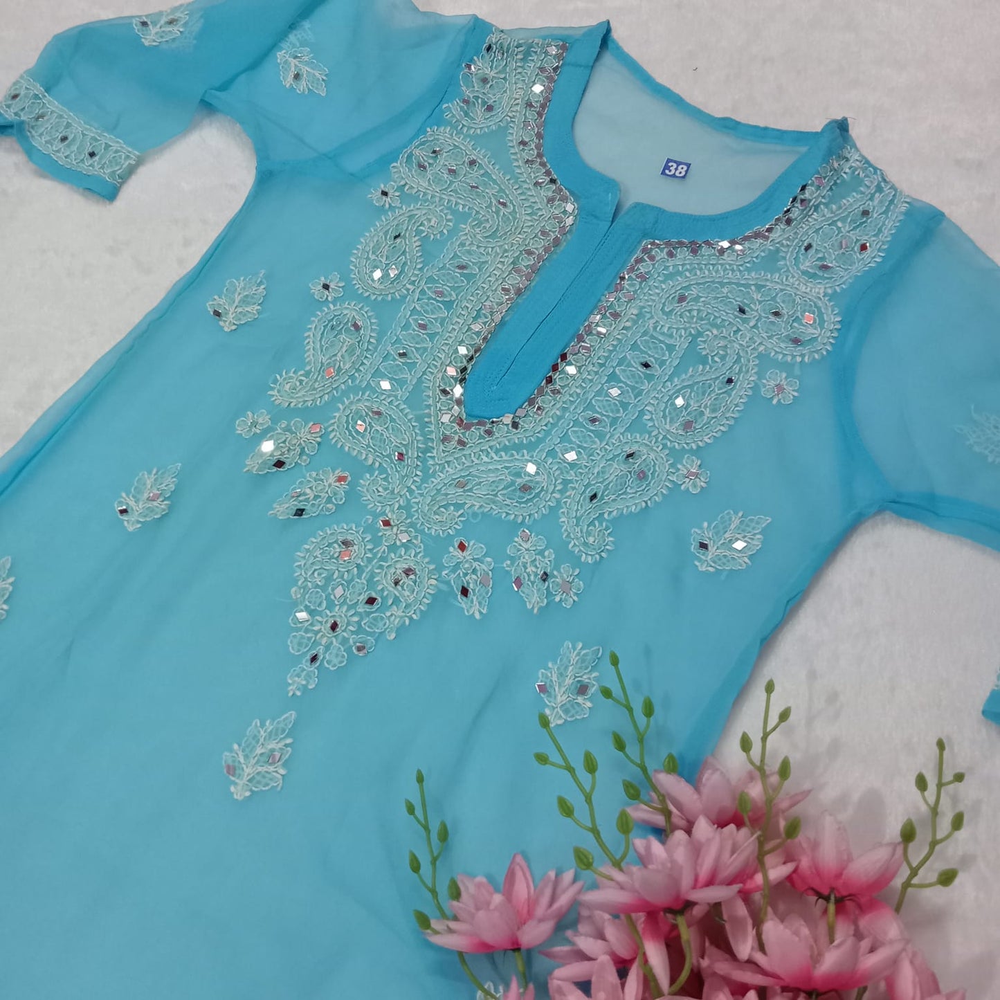 GEORGETTE MIRROR WORK CHIKANKARI KURTI WITH INNER- SKY BLUE - Chikankaar