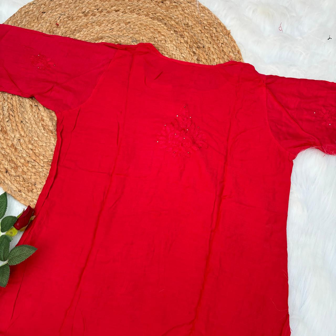 Rakul Preet Inspired Chikankari Muslin Kurti with Mukaish Work - Red Colour - Chikankaar