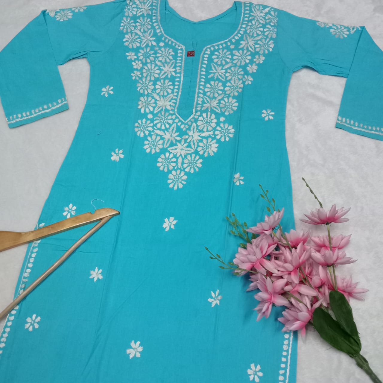 Pure Cotton Chikankari Handwork Kurti - Sky Blue Colour - Chikankaar