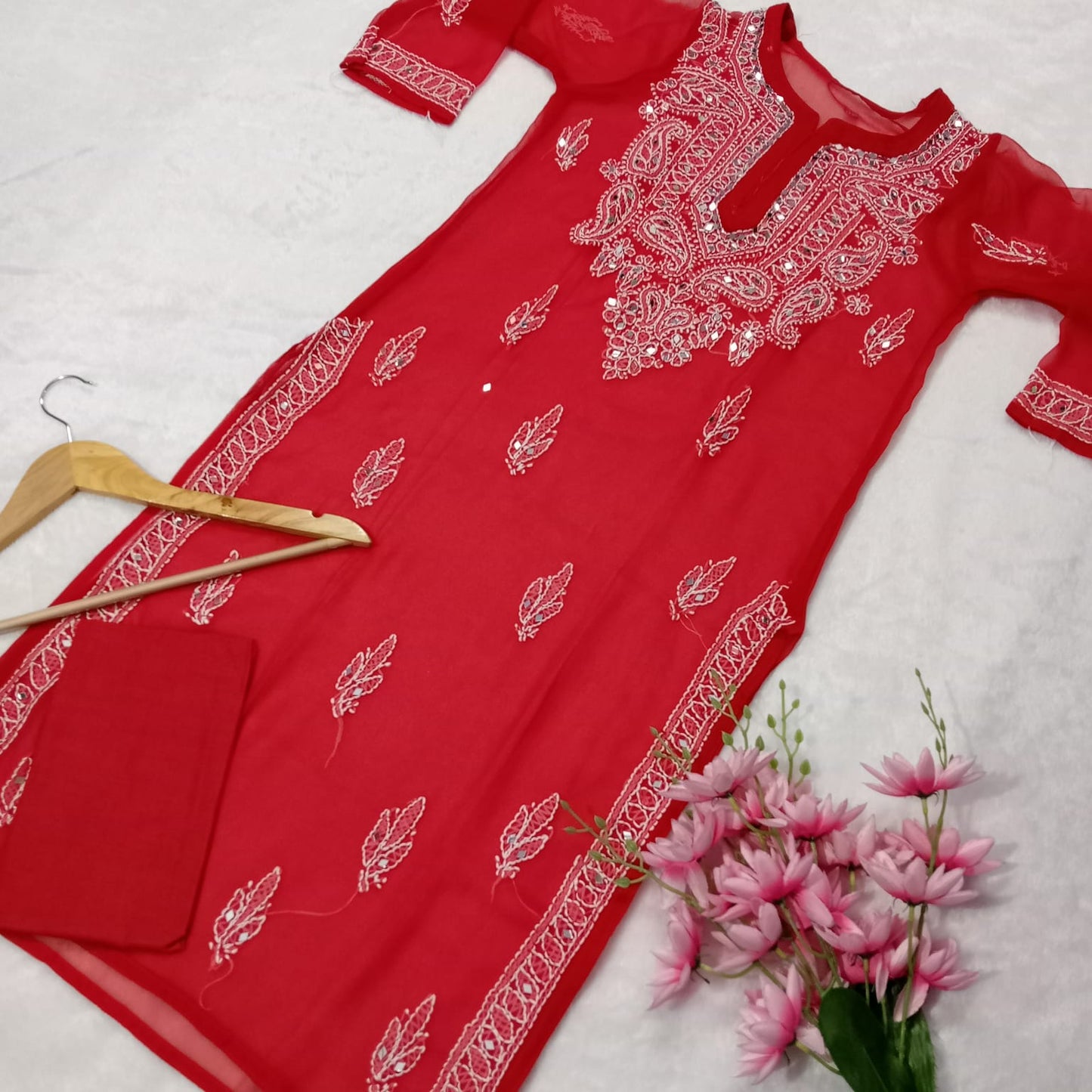 Georgette Mirror Work Chikankari Kurti With Inner- Red Colour - Chikankaar