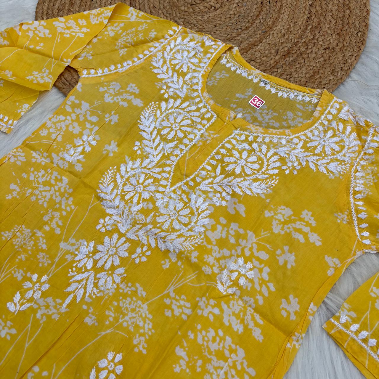 Malika Pure Mulmul Cotton Short Kurti - Yellow Colour