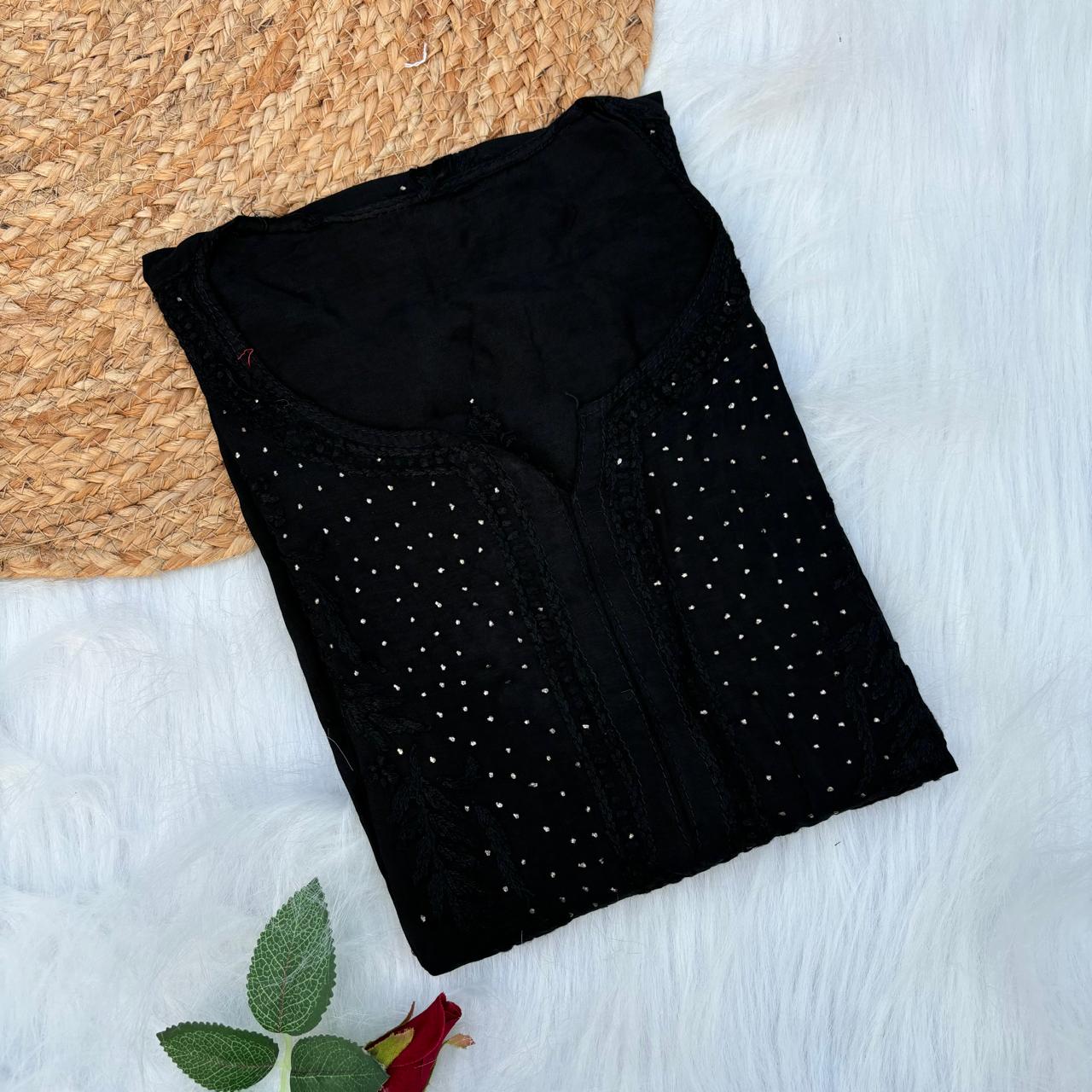 Rakul Preet Inspired Chikankari Muslin Kurti with Mukaish Work - Black Colour - Chikankaar