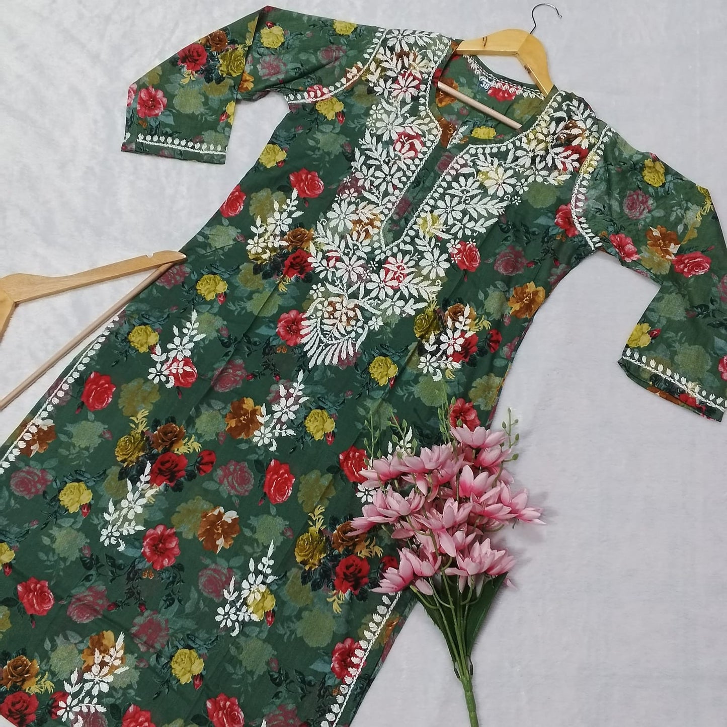 Dhanashree Inspired Mulmul Floral Printed Chikankari Handwork Kurti -Dark Green Colour - Chikankaar