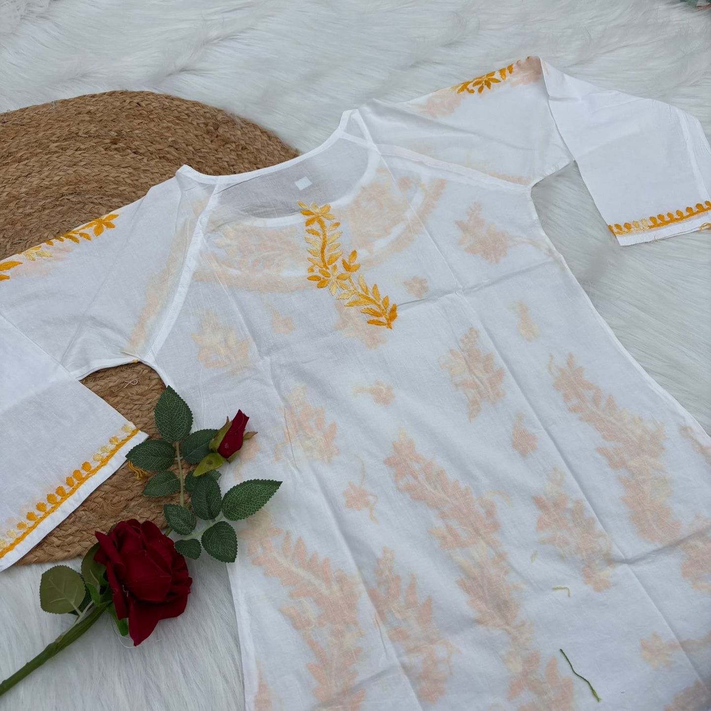 Alia Soft Rayon Chikankari Short Kurti - White Yellow Color - Chikankaar