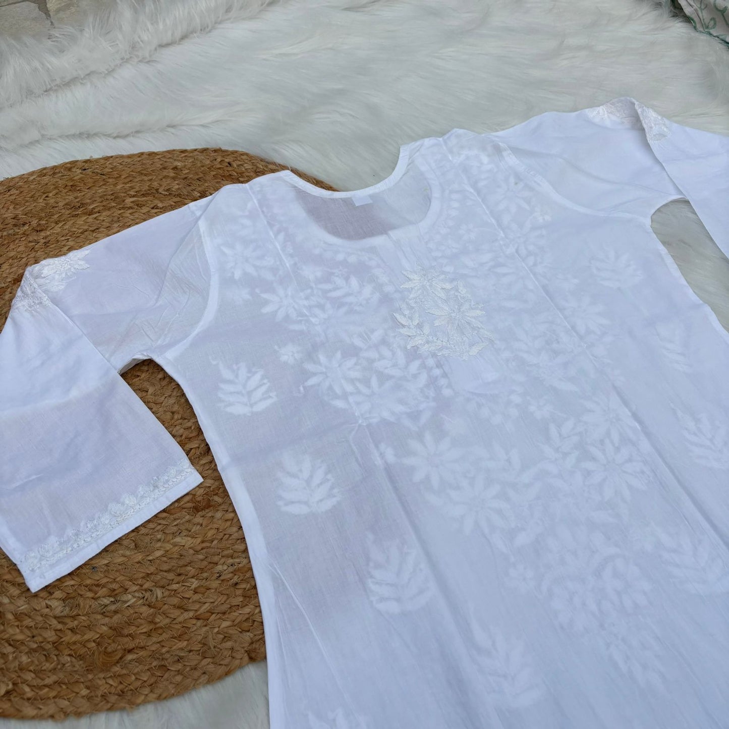 Arfa Pure Cotton Chikankari Kurti - White Color - Chikankaar