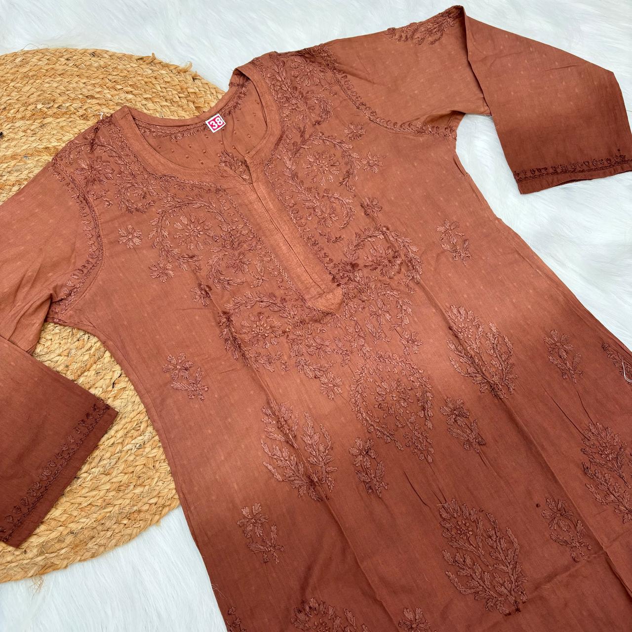 Tuba Ombre Shaded Dobby Cotton Chikankari Kurti - Brown Colour - Chikankaar