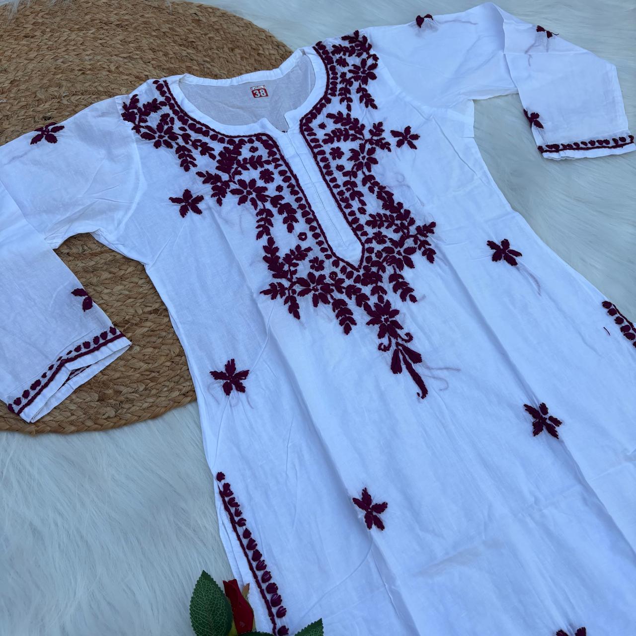 Shraddha Kapoor inspired Pure Cotton Chikankari Kurti - Wine Colour - Chikankaar