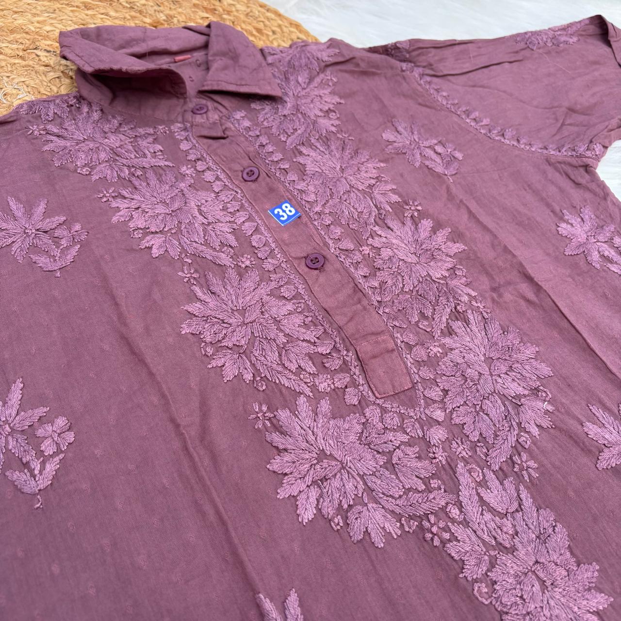 Sadia Dobby Cotton Ombre Shaded Chikankari Kurti with Collar - Wine Colour