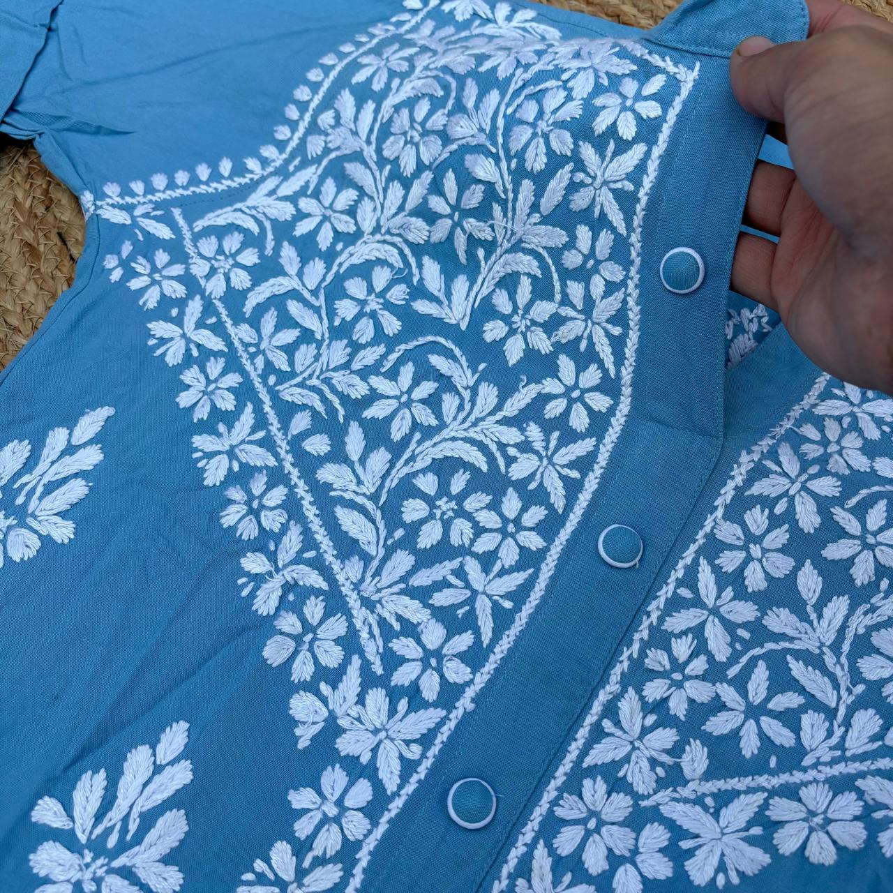 Rihana Rayon Chikankari Short Kurti Plazo Coord Set - Sky Blue colour - Chikankaar