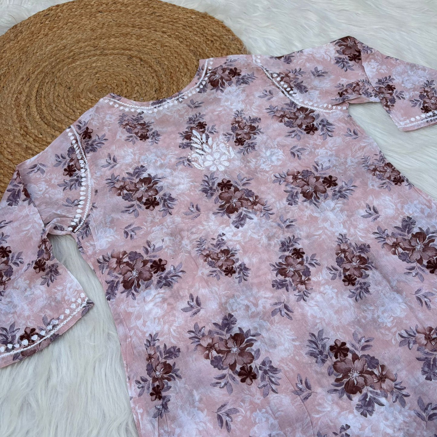 Fawziya Pure Mulmul Chikankari Handwork Kurti - Cream Skin Colour