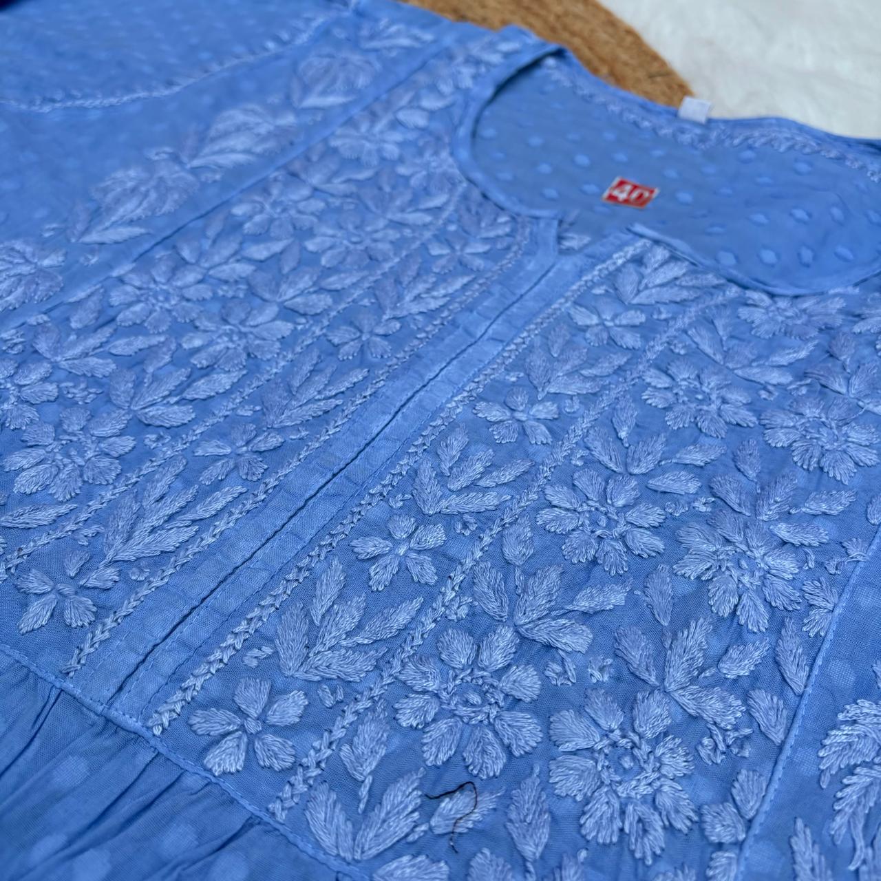 Aliya Dobby Cotton Nyra Cut Chikankari Aline Kurti - Ocean Blue - Chikankaar