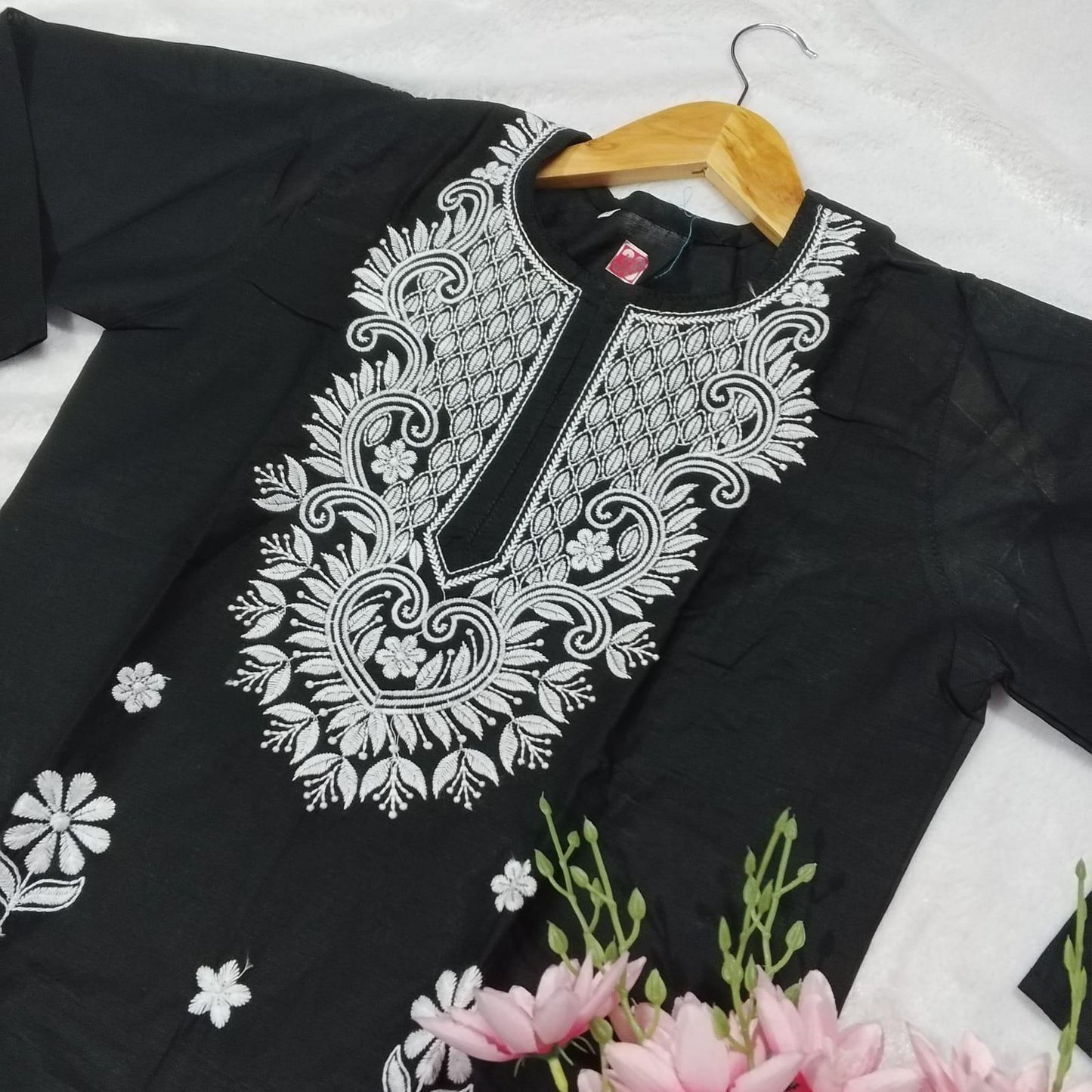 COTTON MACHINE WORK CHIKANKARI KURTI -BLACK COLOUR - Chikankaar