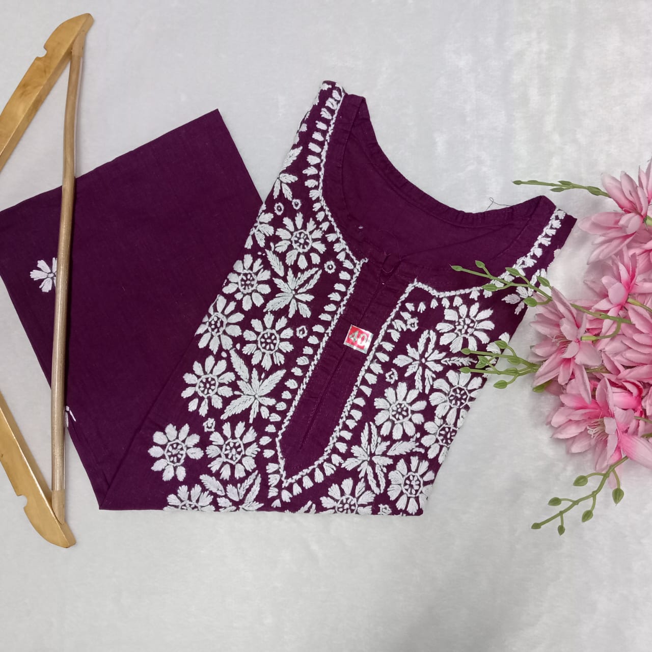 Pure Cotton Chikankari Handwork Kurti - Wine Colour - Chikankaar