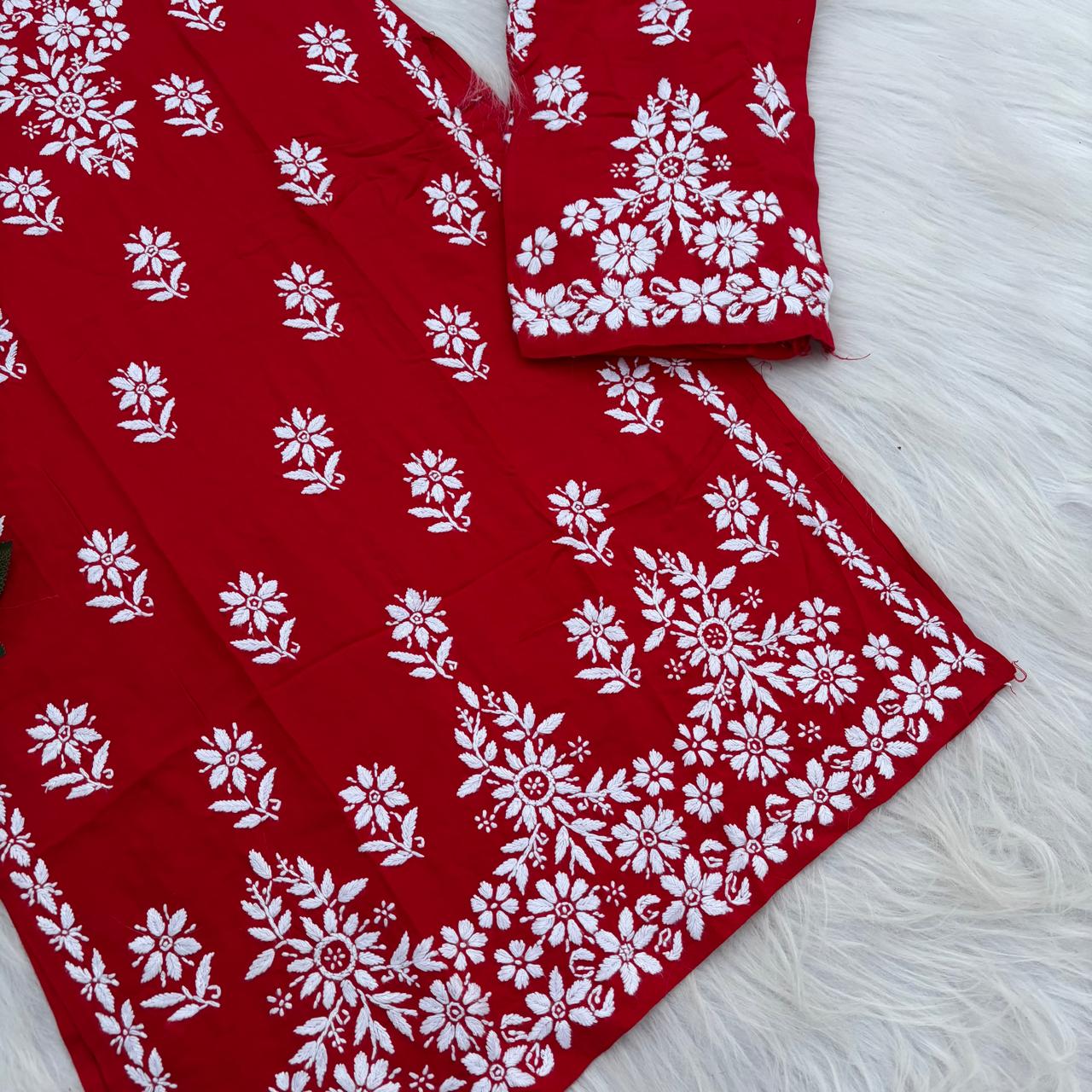 Maya Rayon Chikankari Kurti Plazo Set - Red Colour