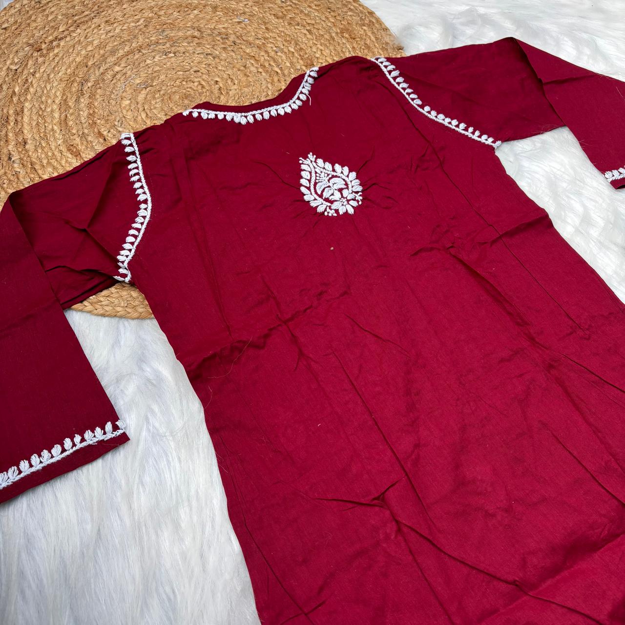 Shanaya Pure Cotton Chikankari Kurti Maroon Colour