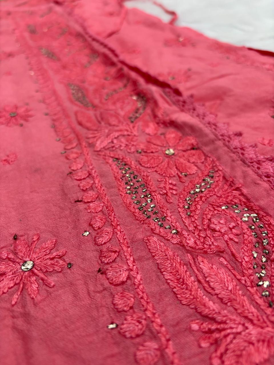 Naaz Chanderi Angrakha style Chikankari Kurti with Mukaish work -Gazri Colour