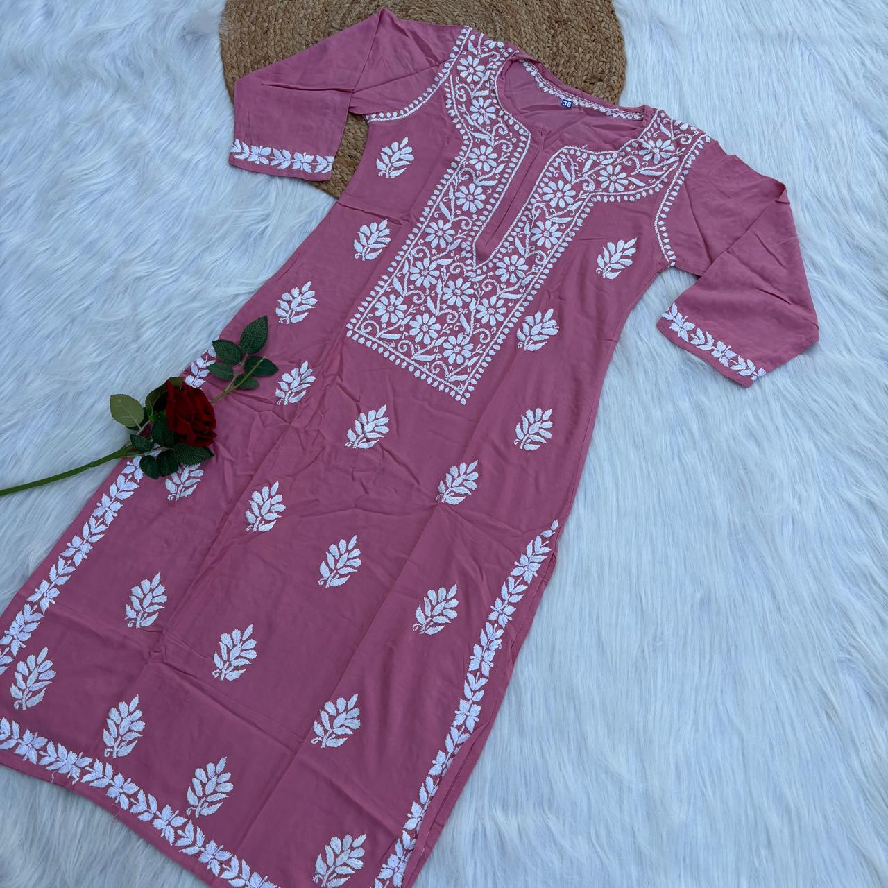 Soft Rayon Chikankari Kurti - Blush Colour