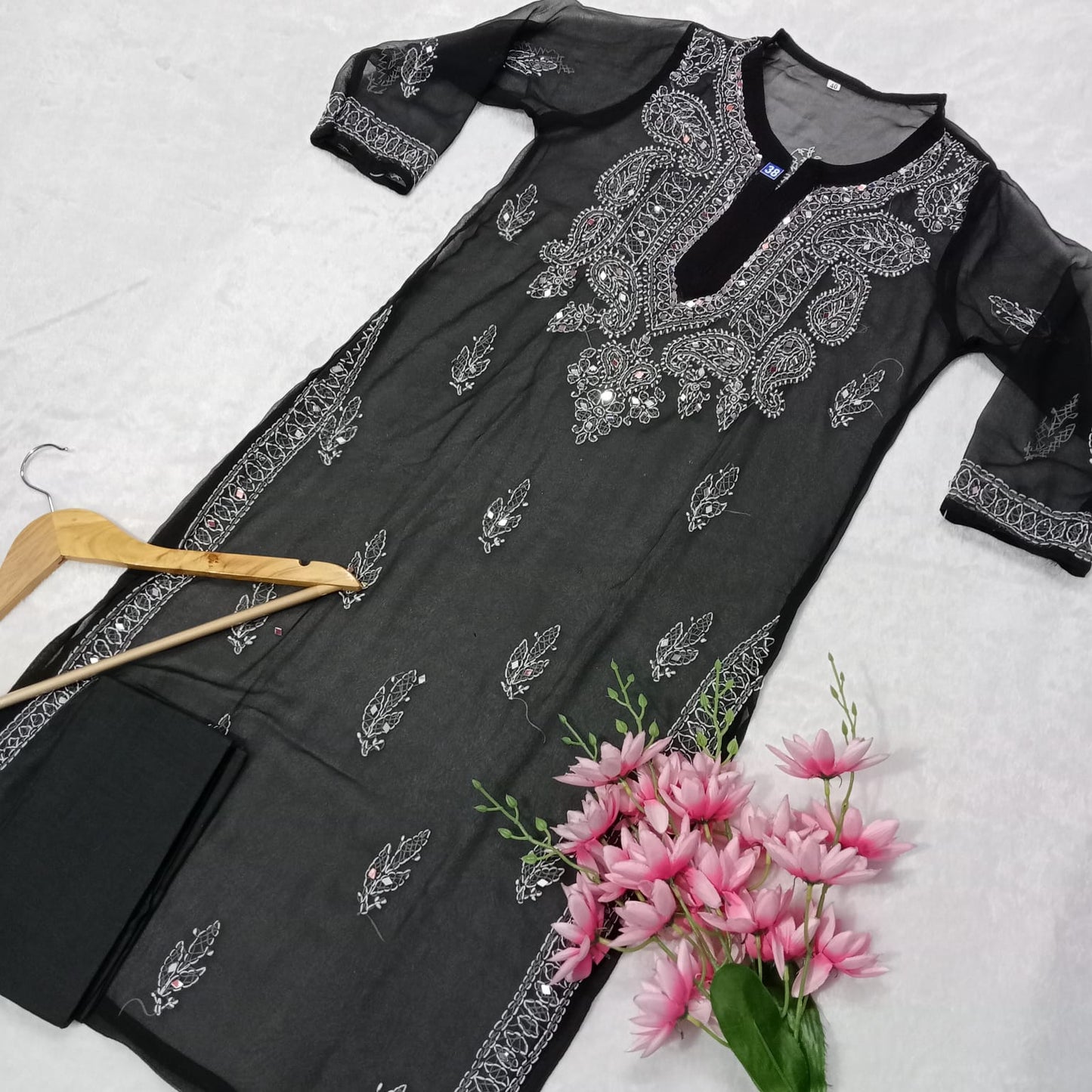 Georgette Mirror Work Chikankari Kurti With Inner- Black Colour - Chikankaar