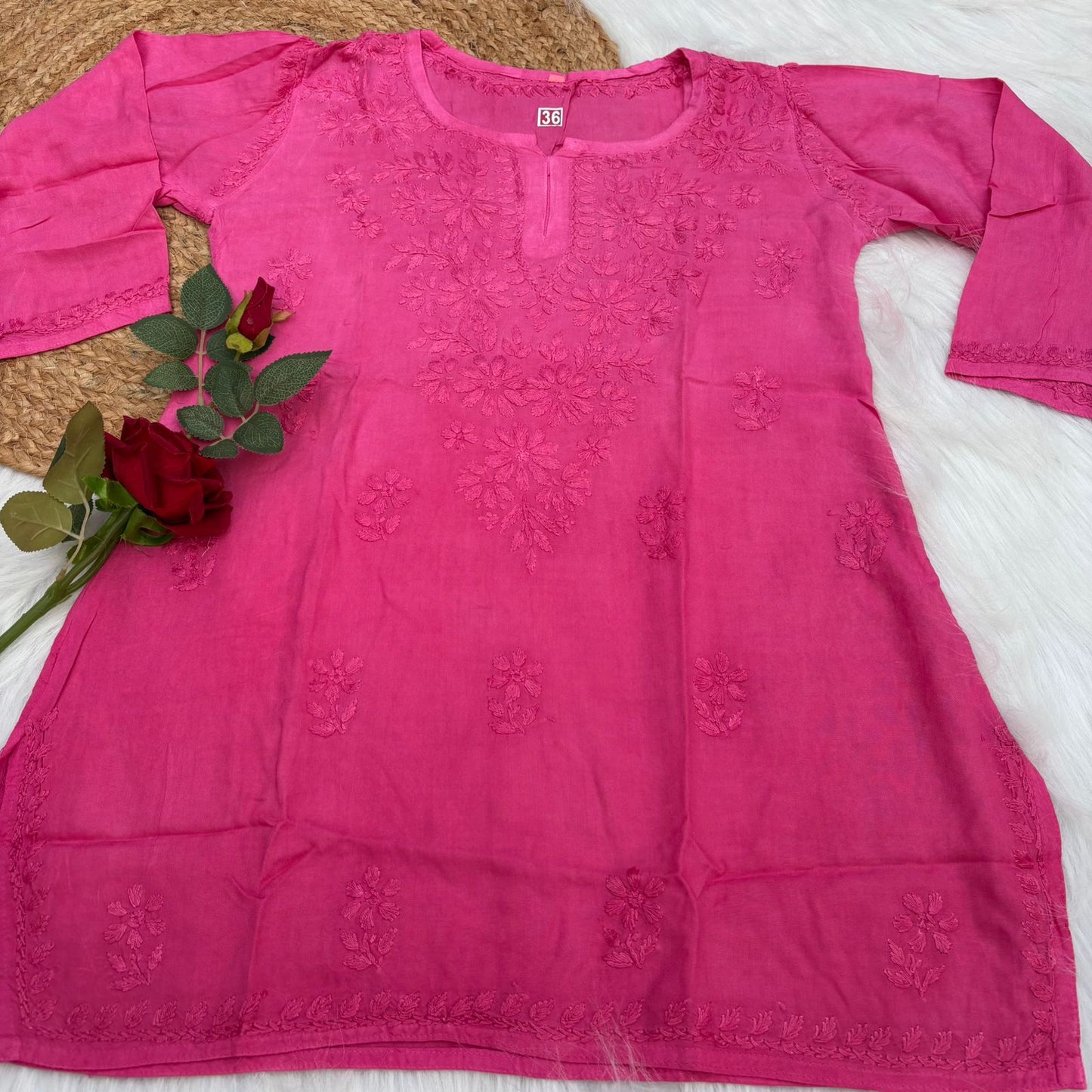 Sofia Ombre Shaded Soft Rayon Chikankari Short Kurti - Dark Pink Colour - Chikankaar