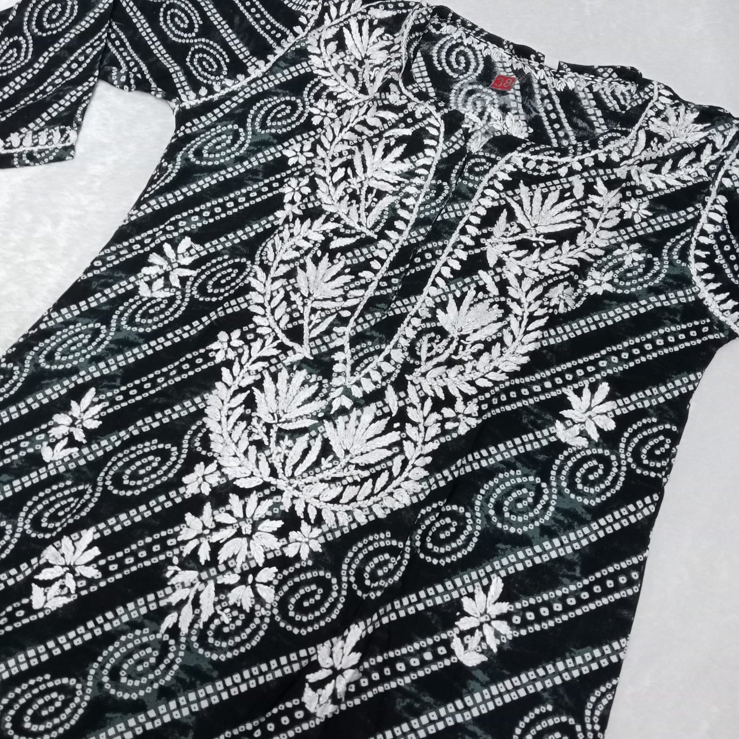 Falak Bandhani Print Rayon Chikankari Kurti Black Colour - Chikankaar