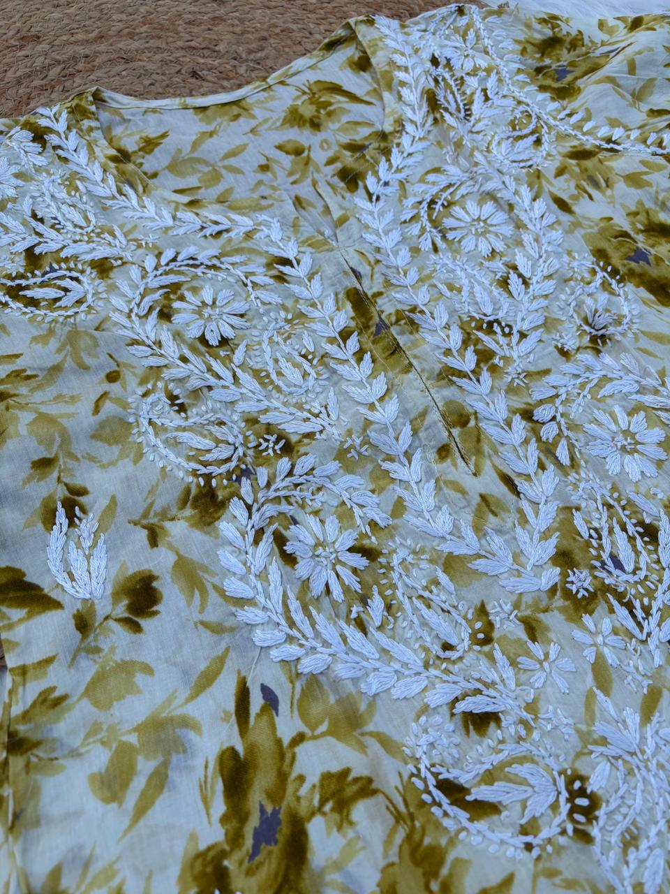 Hadaya Mulmul Cotton Chikankari Kurti Set - Green Colour