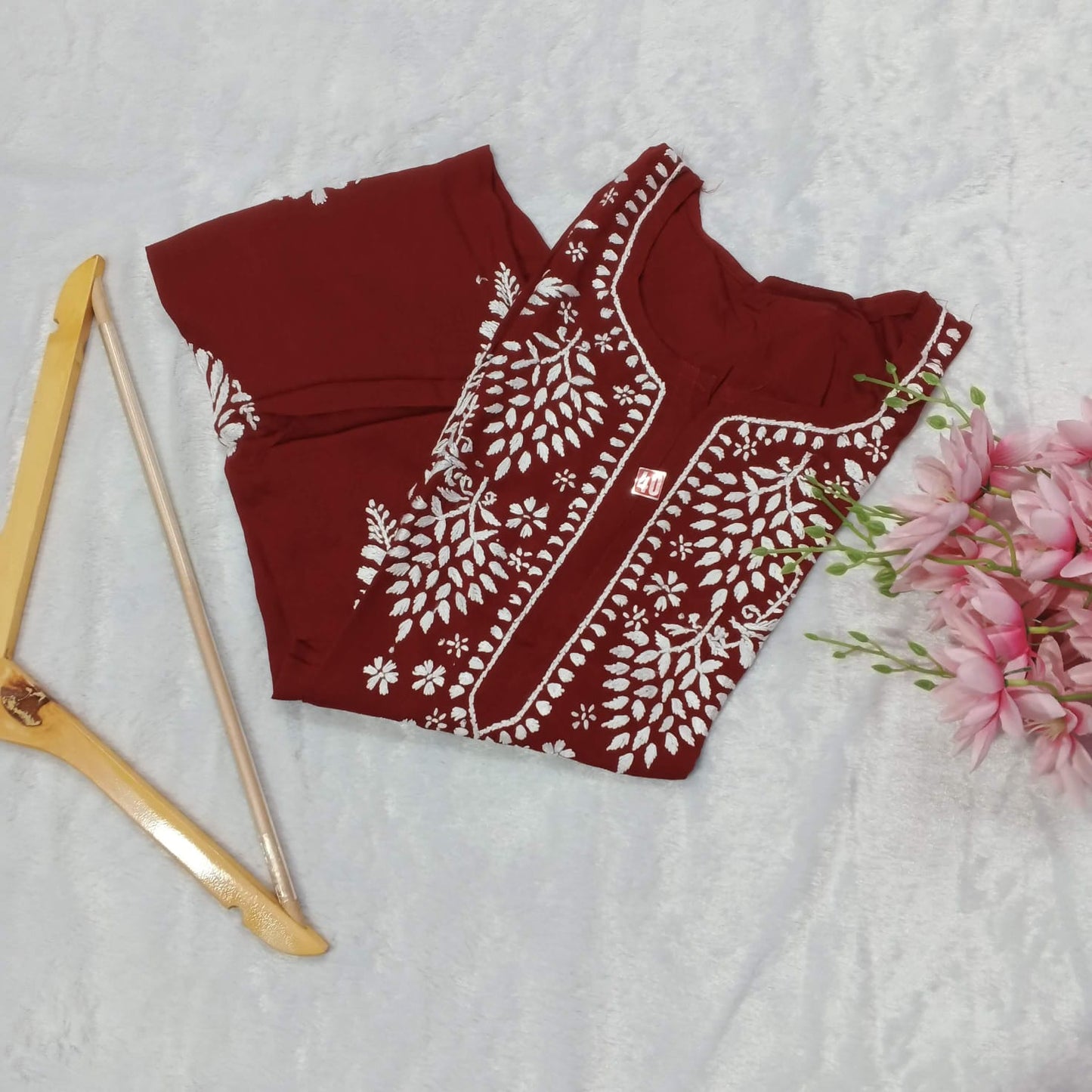 Pure Modal Chikankari Kurti -Red Colour - Chikankaar
