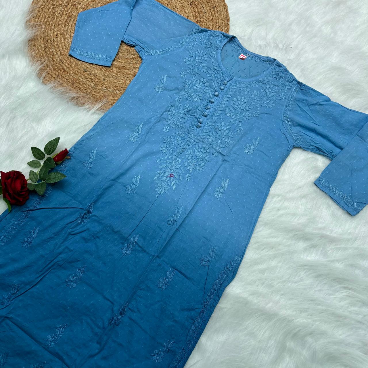 Adaah Ombre Shaded Dobby Cotton Chikankari Kurti - Sky Blue - Chikankaar