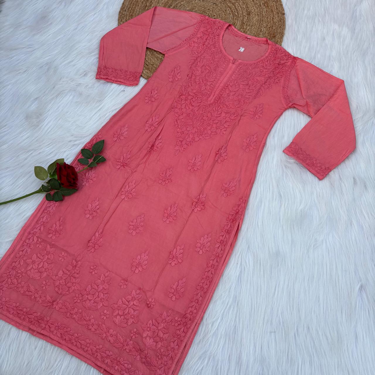 Zooni Chanderi Lucknowi Chikankari Dyed Kurti- Gazri colour